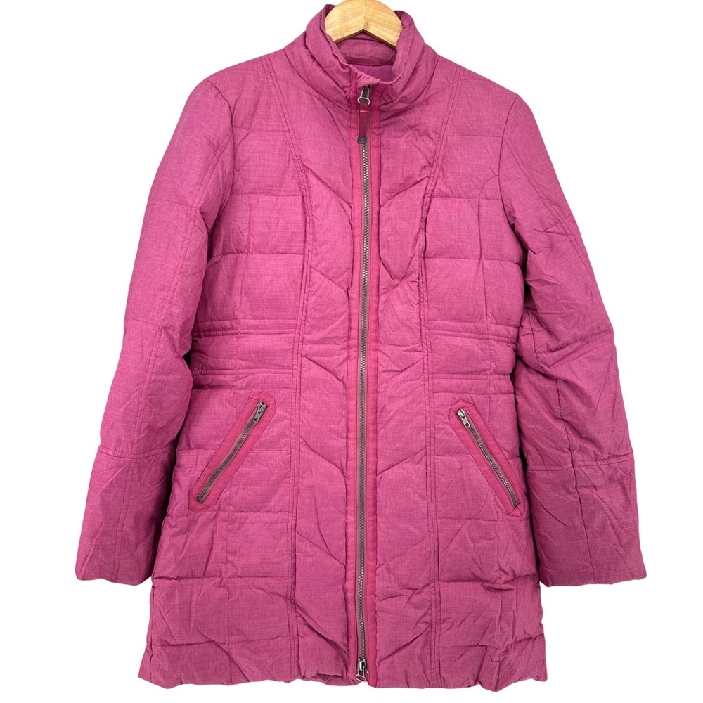 Prana Devan Quilted Puffer Down Jacket Magenta Pink Full Zip Longline Coat Small